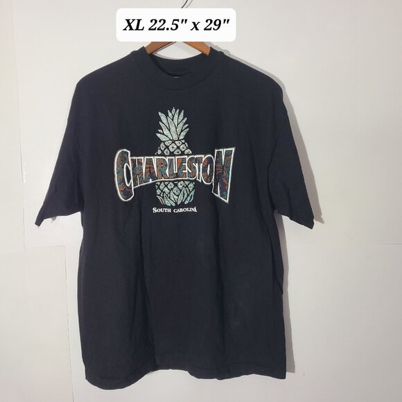 Vtg 90s Charleston South Carolina Puff Print Black XL T-Shirt Single Stitch USA - Picture 1 of 5
